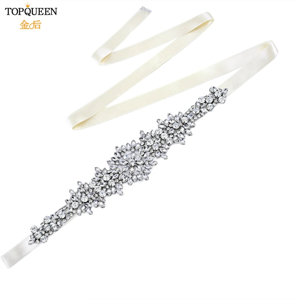 TOPQUEEN S319 Rhinestones Wedding Belt Sparkly Bride Dress Decorative Sash with Stone Jeweled Satin Ribbons Silver Gown Applique