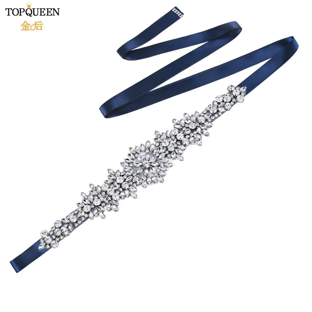 TOPQUEEN S319 Rhinestones Wedding Belt Sparkly Bride Dress Decorative Sash with Stone Jeweled Satin Ribbons Silver Gown Applique