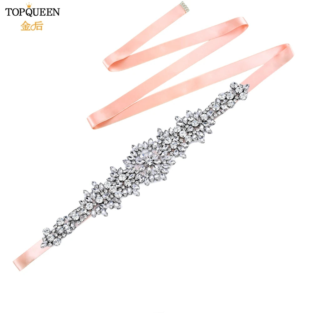 TOPQUEEN S319 Rhinestones Wedding Belt Sparkly Bride Dress Decorative Sash with Stone Jeweled Satin Ribbons Silver Gown Applique