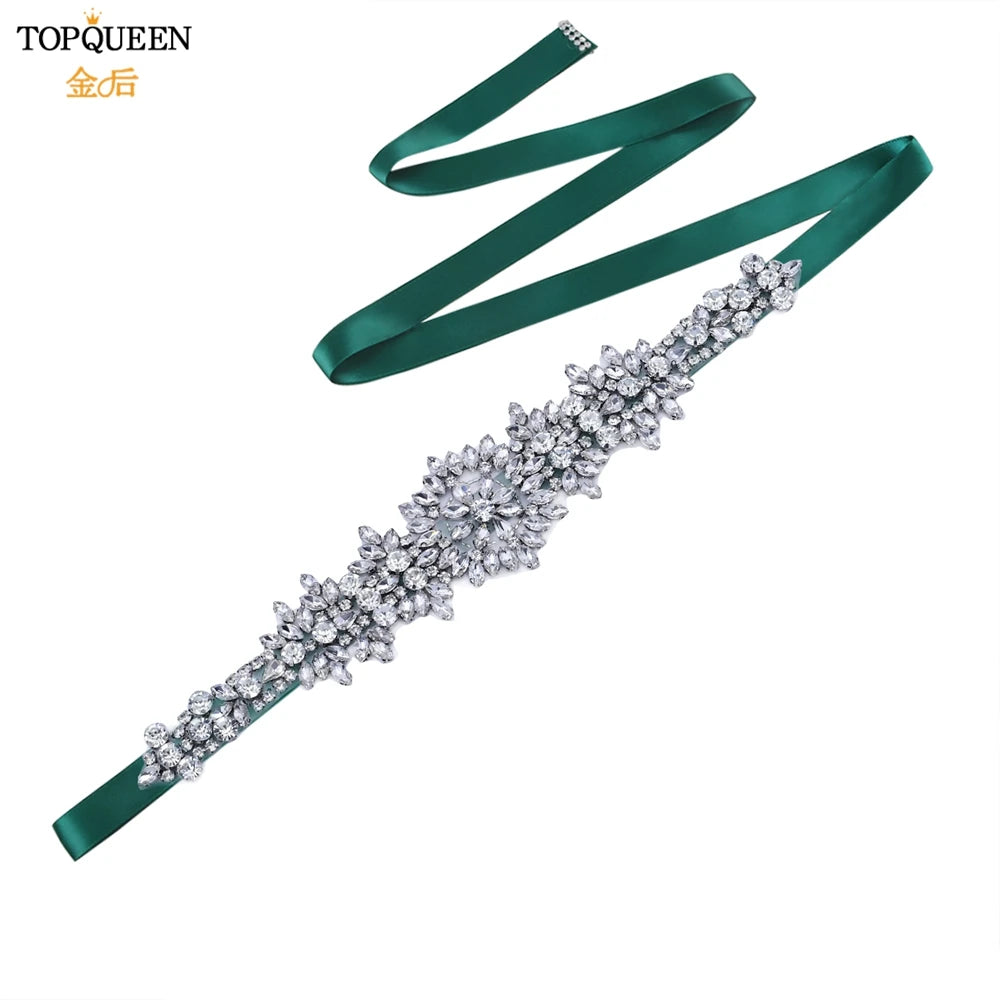 TOPQUEEN S319 Rhinestones Wedding Belt Sparkly Bride Dress Decorative Sash with Stone Jeweled Satin Ribbons Silver Gown Applique