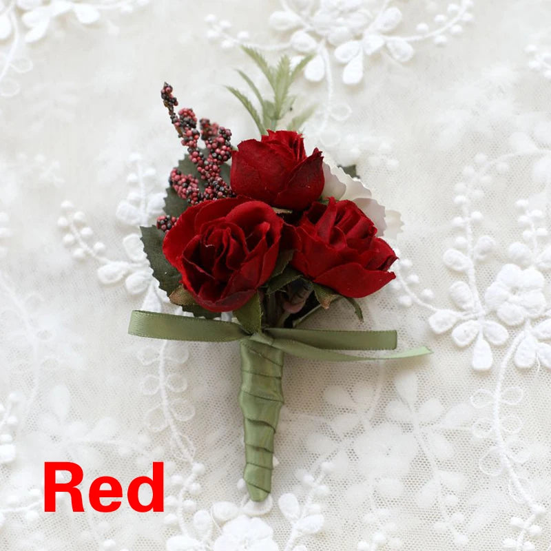 Artificial Silk Plastic Rose Flowers Groom Boutonniere Man Pin Suit Corsage Bridal Wedding Wrist Flower Party Decorations