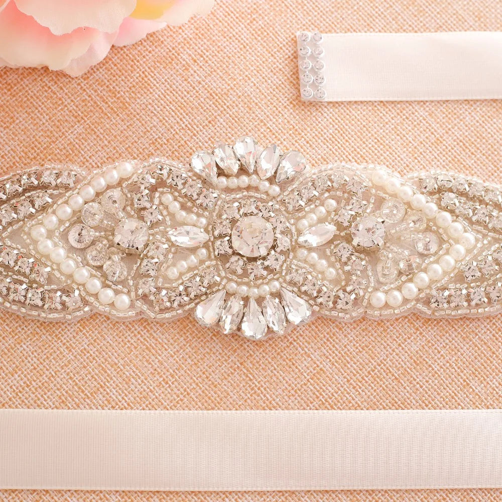 SESTHFAR Crystal Pearls Bridal Belt Hand Beaded Wedding Belts Silver Rhinestones Bridal Sash For Wedding Dresses