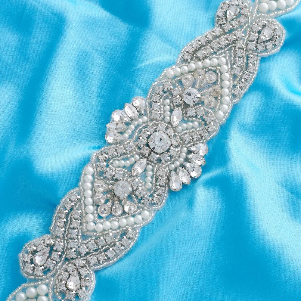 SESTHFAR Crystal Pearls Bridal Belt Hand Beaded Wedding Belts Silver Rhinestones Bridal Sash For Wedding Dresses