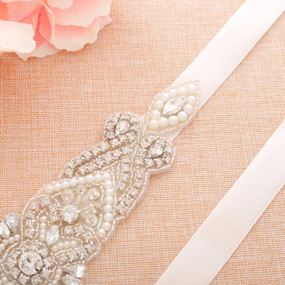 SESTHFAR Crystal Pearls Bridal Belt Hand Beaded Wedding Belts Silver Rhinestones Bridal Sash For Wedding Dresses