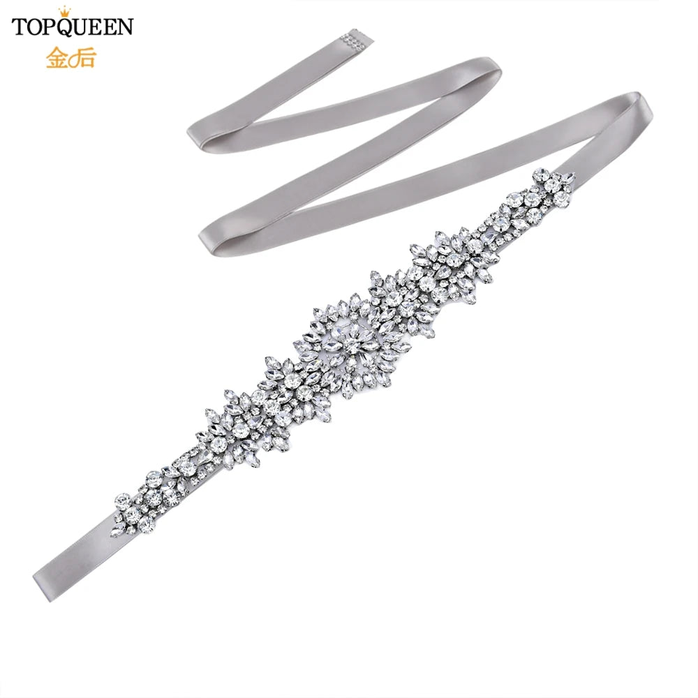 TOPQUEEN S319 Rhinestones Wedding Belt Sparkly Bride Dress Decorative Sash with Stone Jeweled Satin Ribbons Silver Gown Applique