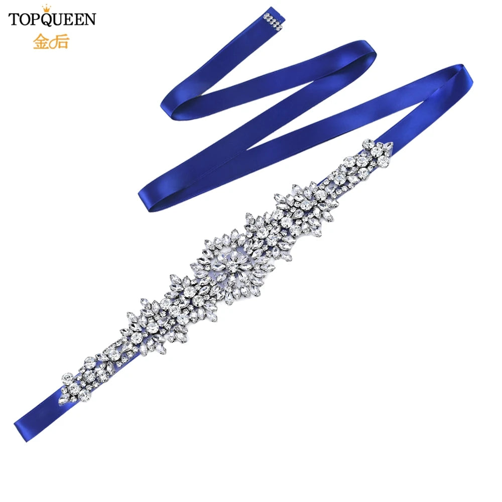 TOPQUEEN S319 Rhinestones Wedding Belt Sparkly Bride Dress Decorative Sash with Stone Jeweled Satin Ribbons Silver Gown Applique