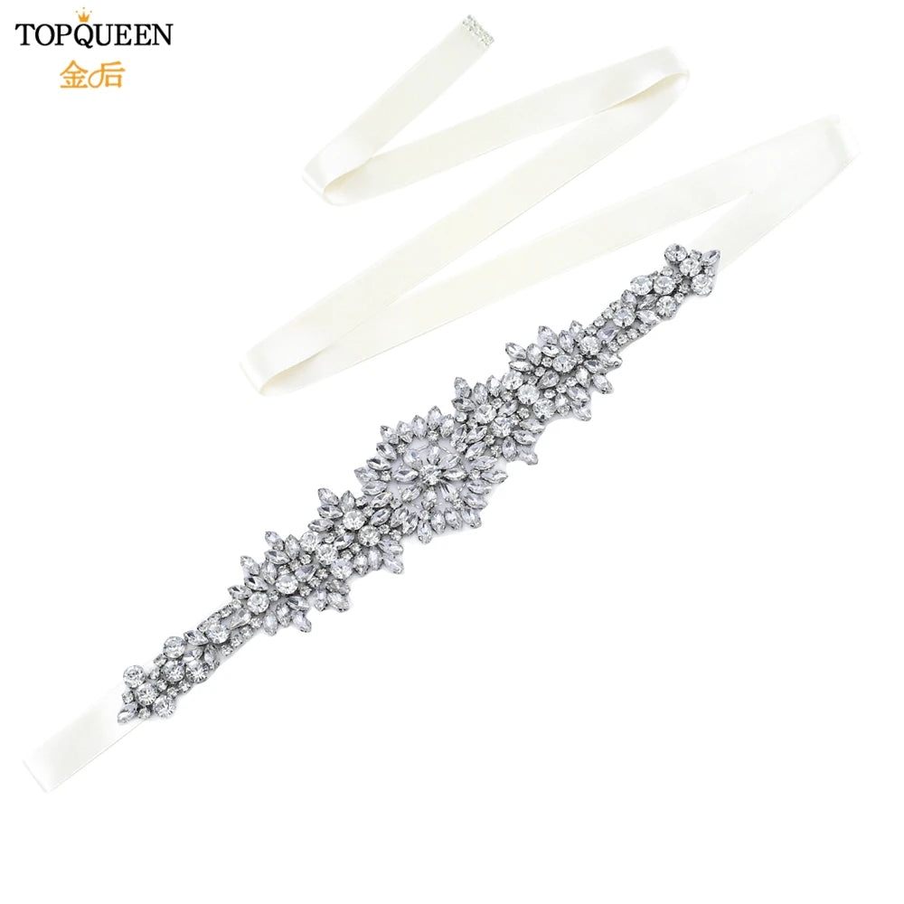 TOPQUEEN S319 Rhinestones Wedding Belt Sparkly Bride Dress Decorative Sash with Stone Jeweled Satin Ribbons Silver Gown Applique