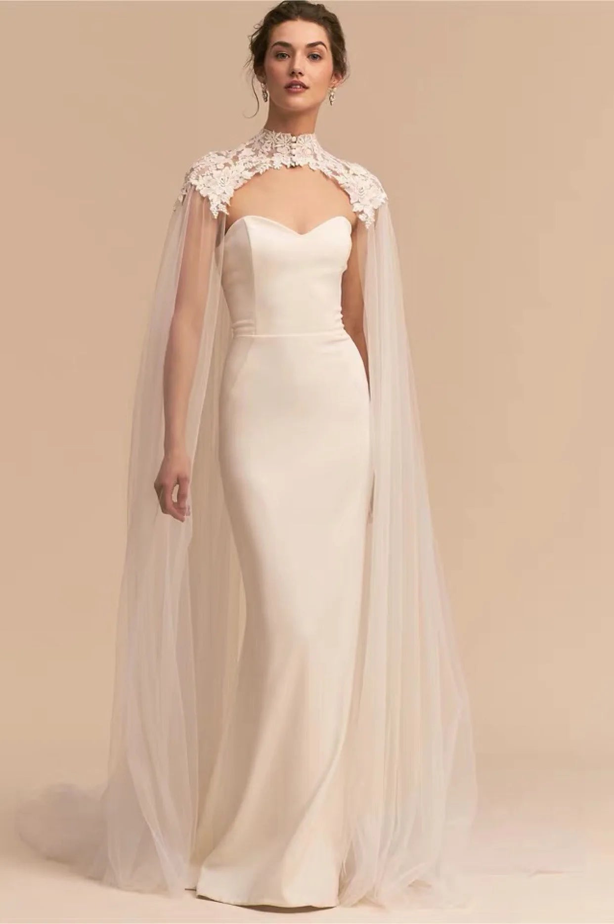 Lace Applique Wrap Shoulder Wedding Headdress Women's Standing Collar Light Luxury Wedding Dress Mesh Shawl Transparent Cape
