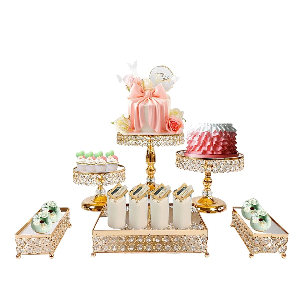 6Pcs-9PcsCake Stand Set with Crystal Beaded Mirror Metal Dessert Table Display Stands Cupcake Holder for Birthday Party Festival