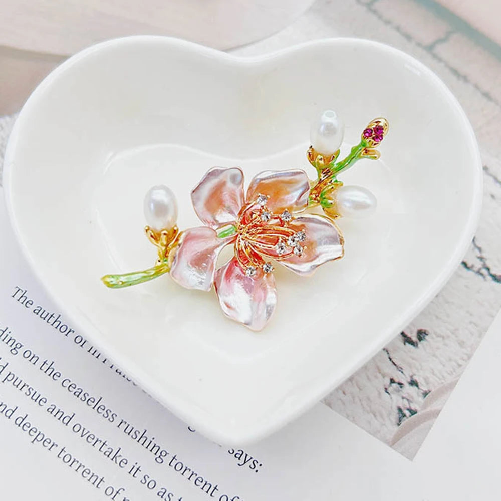 Enamel peach blossom brooch Exquisite Imitation Pearls Rhinestones Luxurious Elegant Design Chest Flower Women's Jewelry Gift