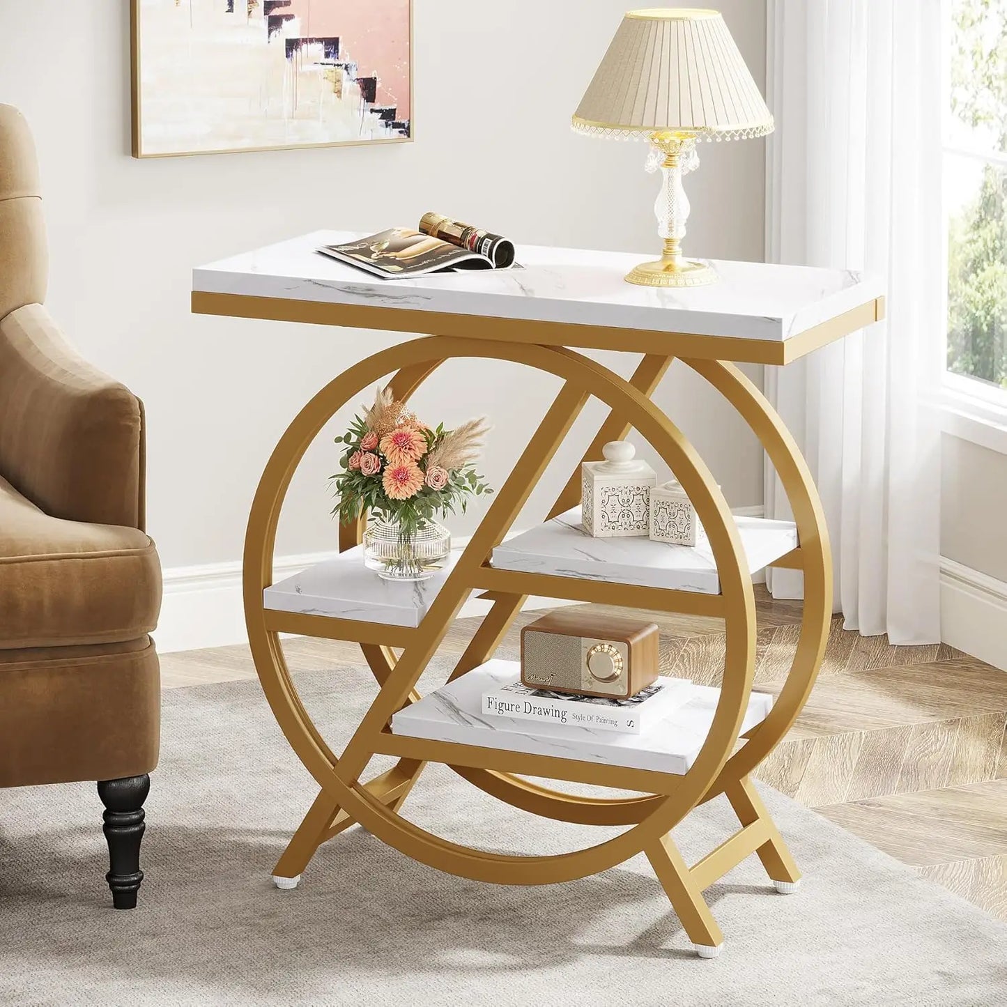3-Tier Narrow Side Table with Storage, Wood Sofa Side Table with Geometric Metal Frame, Nightstand for Bedroom, Living Room