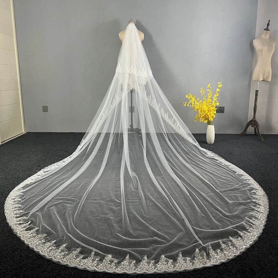 New Arrival Two Layers White Ivory Cathedral Wedding veils Lace Appliques Bride wedding accessories Boda velo de novia