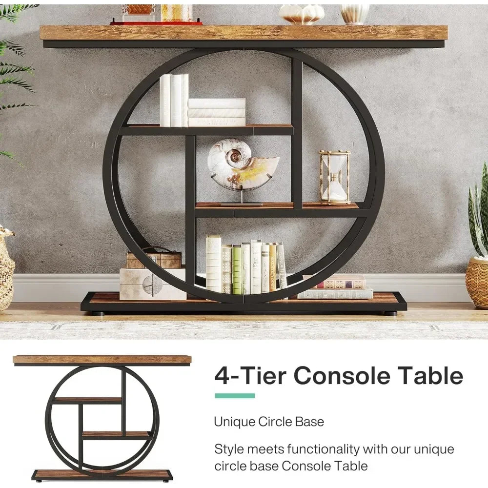 th 41.3" Console Table, Industrial 4-Tier Sofa Table Entryway Table with Circle Base, for Living Room, Hallway, Rustic Brown