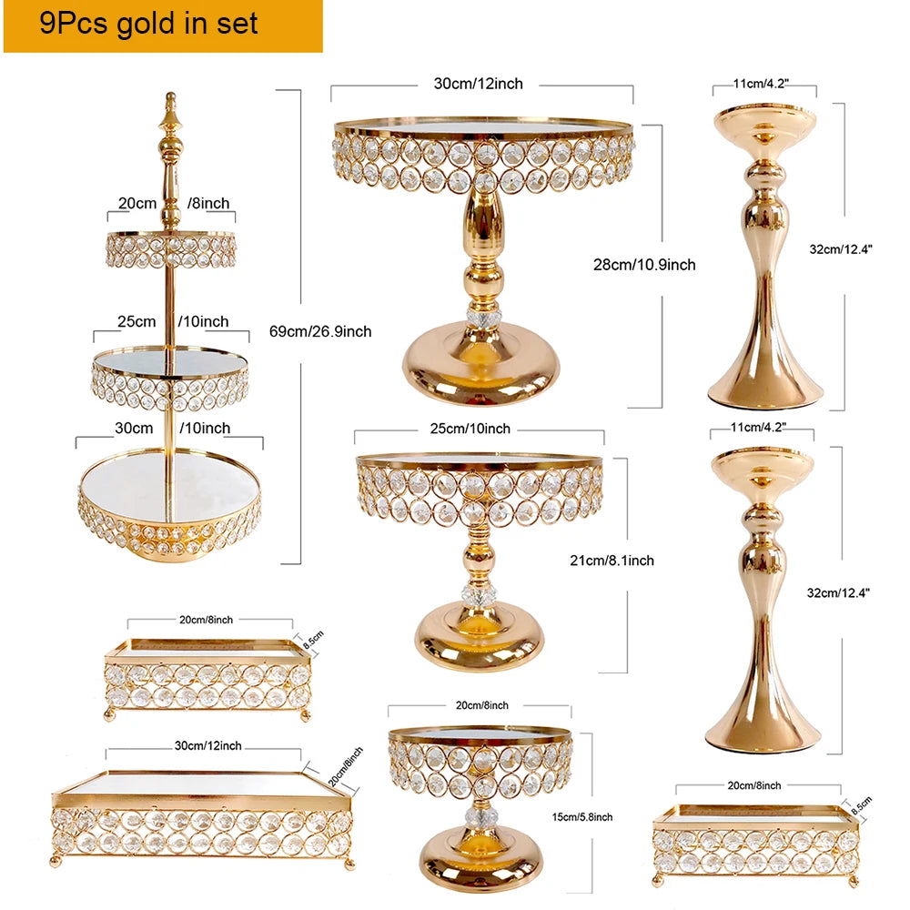 6Pcs-9PcsCake Stand Set with Crystal Beaded Mirror Metal Dessert Table Display Stands Cupcake Holder for Birthday Party Festival