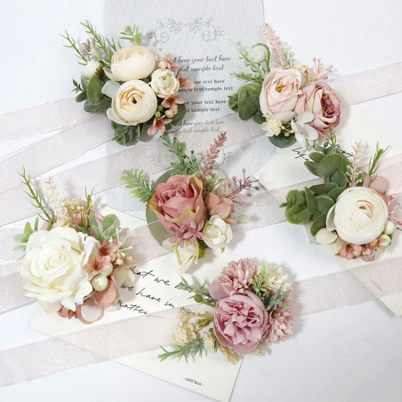 PinK Groom Corsage Wedding Boutonniere Pink Brooch Flowers Bridesmaid Pin for Guests Marriage Accessories Photo Props For Guests