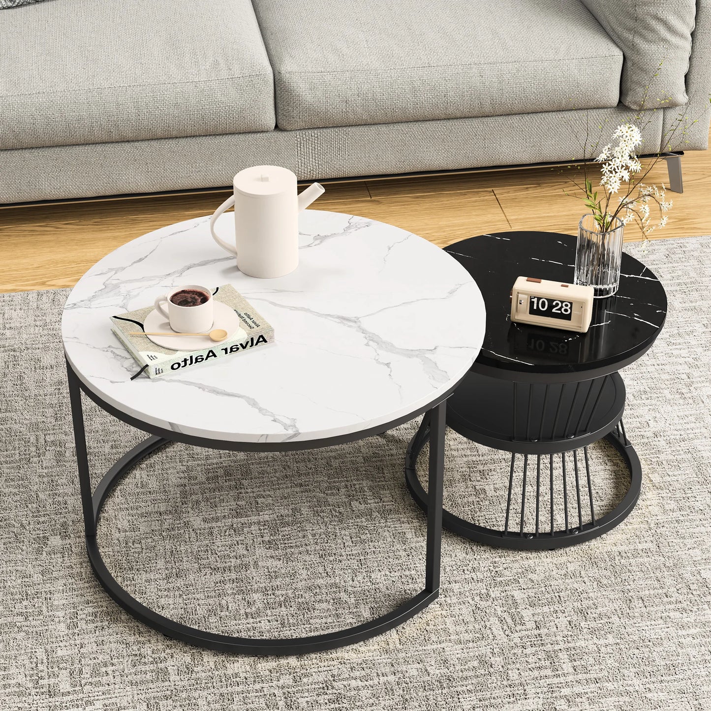 Anajqaqia Modern Coffee Table Set Round End Tables 70x70x45.5cm 45x45x40cm