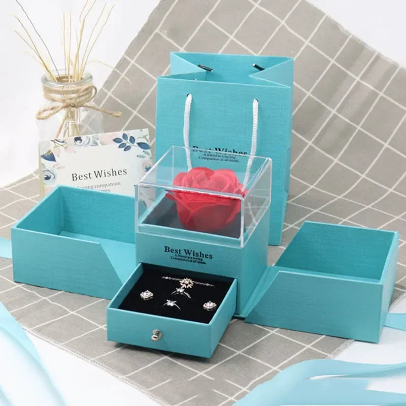 Preserved Eternal Rose Jewelry Box Ring Earrings Necklace Gift Storage Box With Bag Wedding Birthday Gift for Girlfriend Women