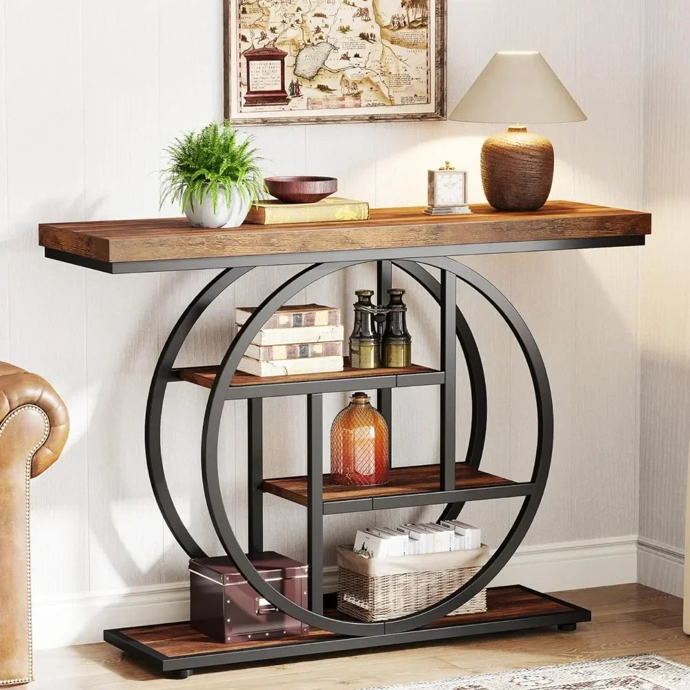 th 41.3" Console Table, Industrial 4-Tier Sofa Table Entryway Table with Circle Base, for Living Room, Hallway, Rustic Brown