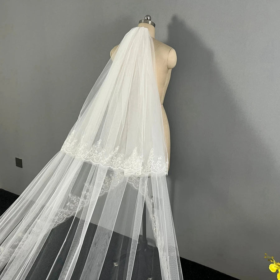 New Arrival Two Layers White Ivory Cathedral Wedding veils Lace Appliques Bride wedding accessories Boda velo de novia