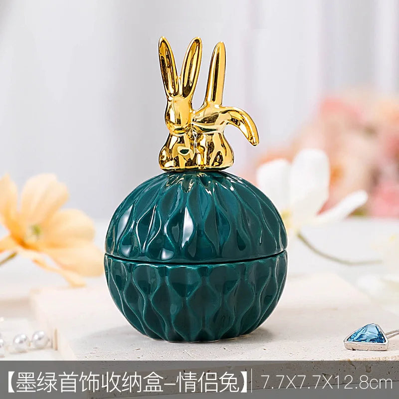 Nordic Dark Green Ceramic Animal Electroplating Ornaments Creative Girl Jewelry Ring Box Sealed Storage Box Hand Gift Mini Jar
