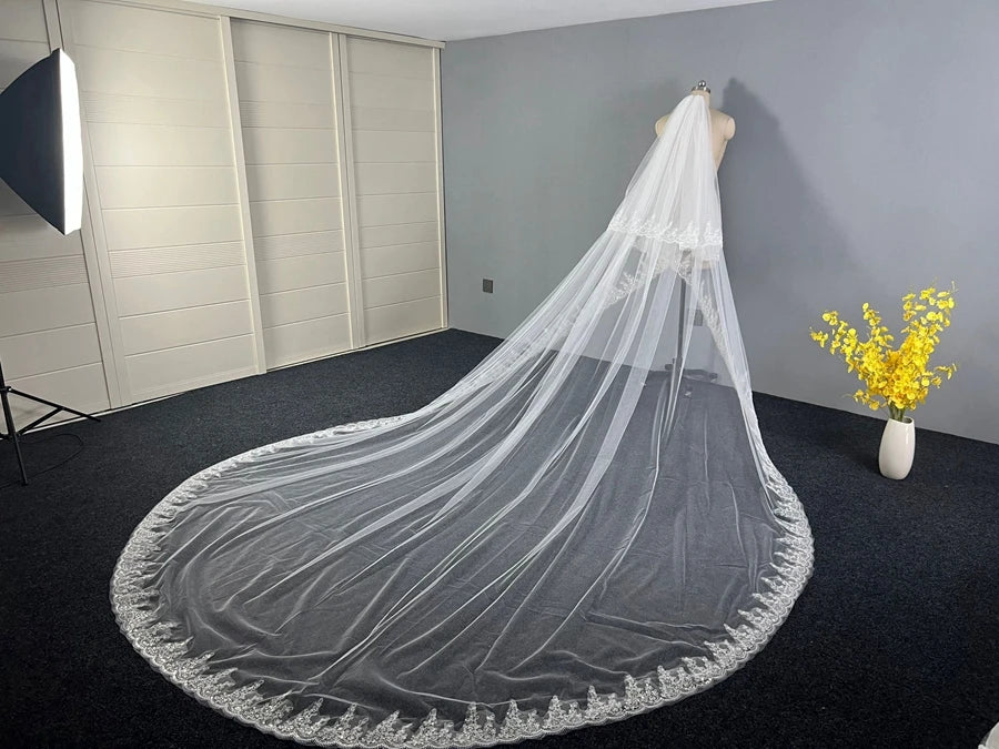 New Arrival Two Layers White Ivory Cathedral Wedding veils Lace Appliques Bride wedding accessories Boda velo de novia