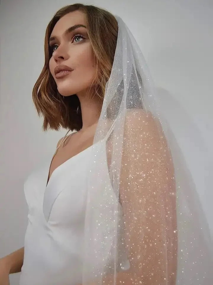 Bling Bling Glitters Veils White Ivory Long Bridal Veil With Comb 1 Tier Fingertip Long Short Wedding Veil with Sparkly Glitters
