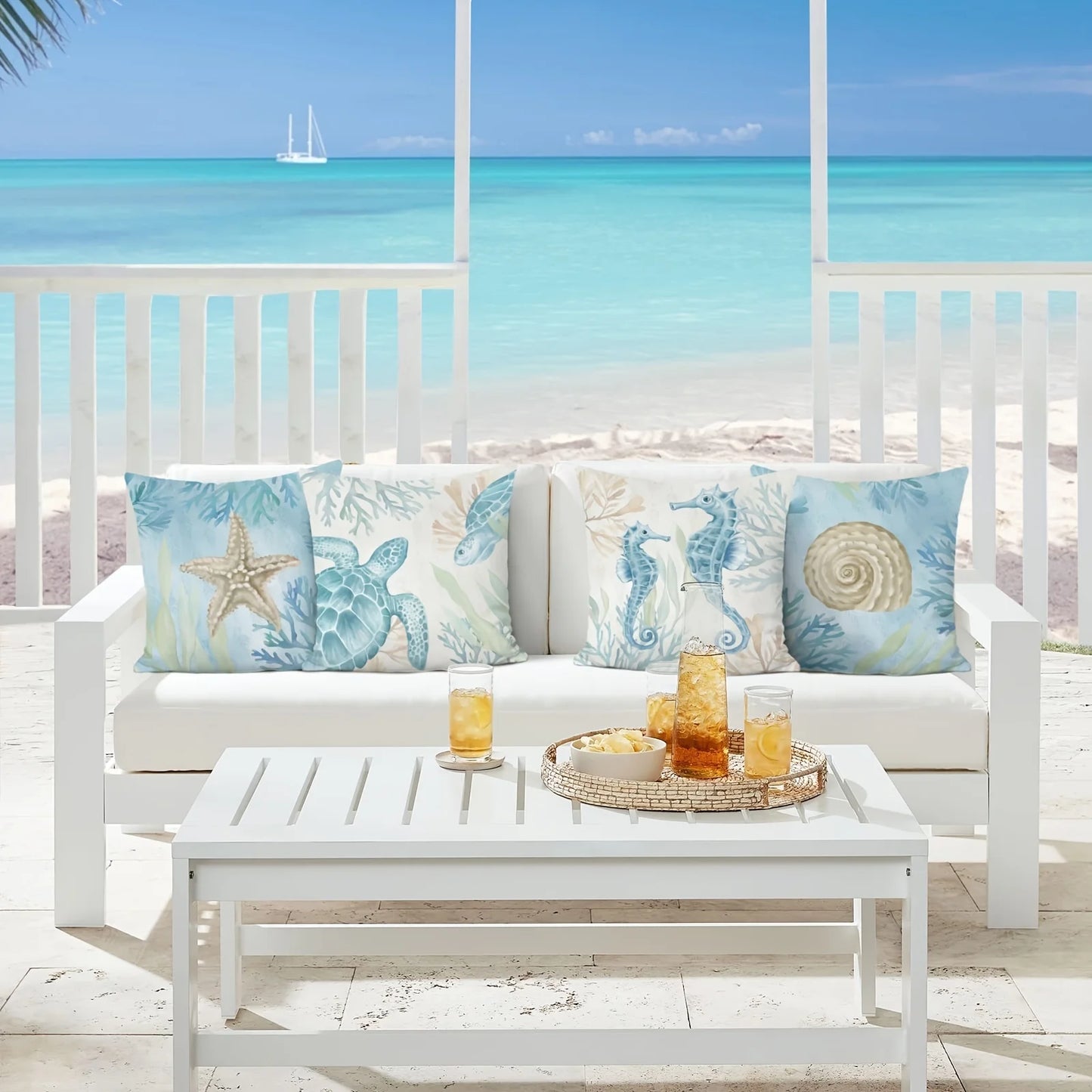Seahorse Turtle Starfish Coastal Outdoor Decorative Pillow Soft Velvet Cushion Cover Sofa Bed Home Decor Ocean Beach Throw