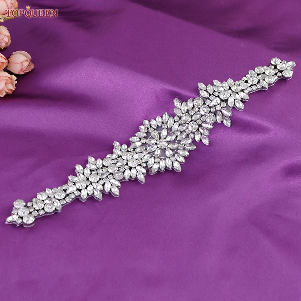 TOPQUEEN S319 Rhinestones Wedding Belt Sparkly Bride Dress Decorative Sash with Stone Jeweled Satin Ribbons Silver Gown Applique