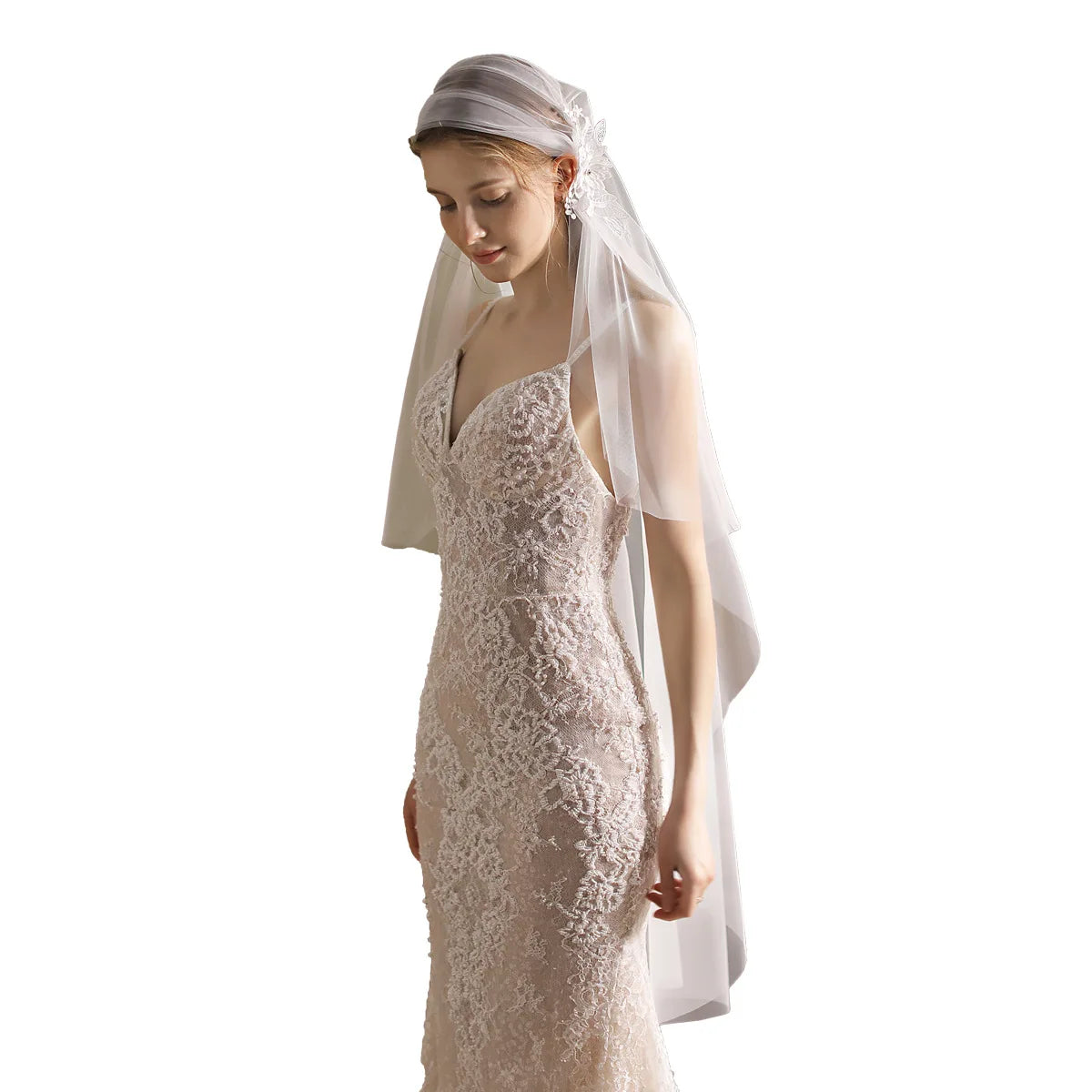 Boho White Tulle Wedding Veils for Brides with Appliques Fingertip Veil for Women Long Cut Edge mariage bridal hair accessories