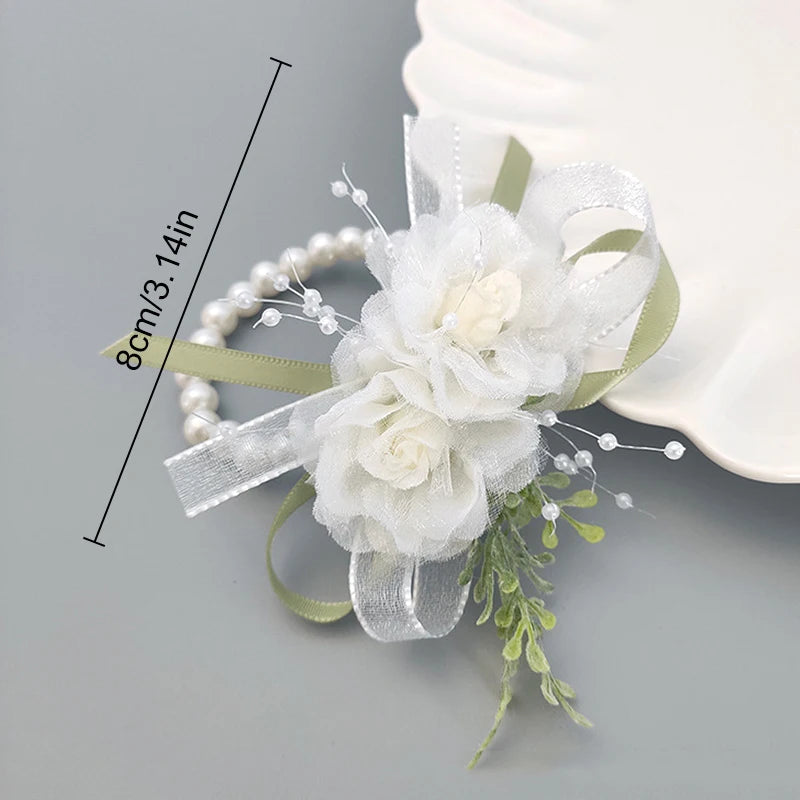 New Girl Bridesmaid Wrist Corsage Bridal Prom Party Boutonniere Satin Rose Brooch Bracelet Fabric Hand Flower Wedding Accessory