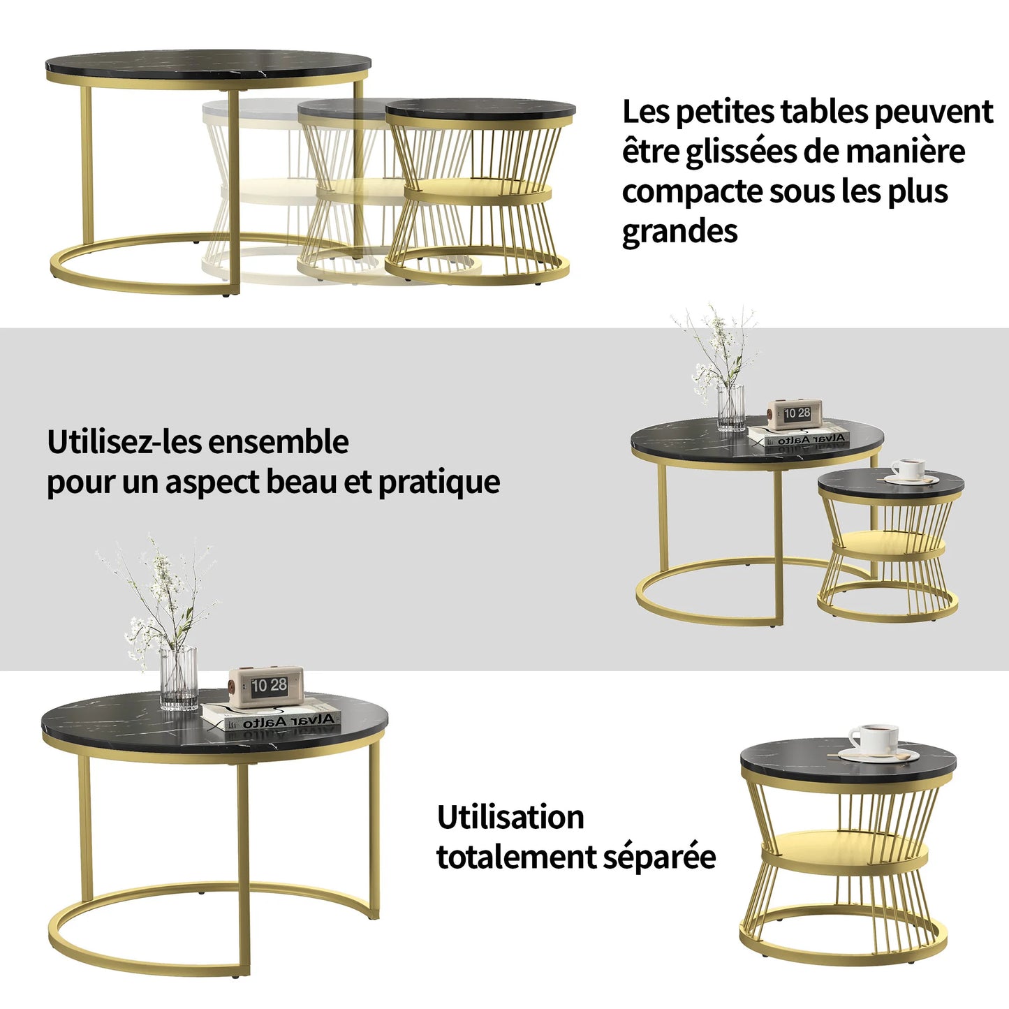 Anajqaqia Modern Coffee Table Set Round End Tables 70x70x45.5cm 45x45x40cm