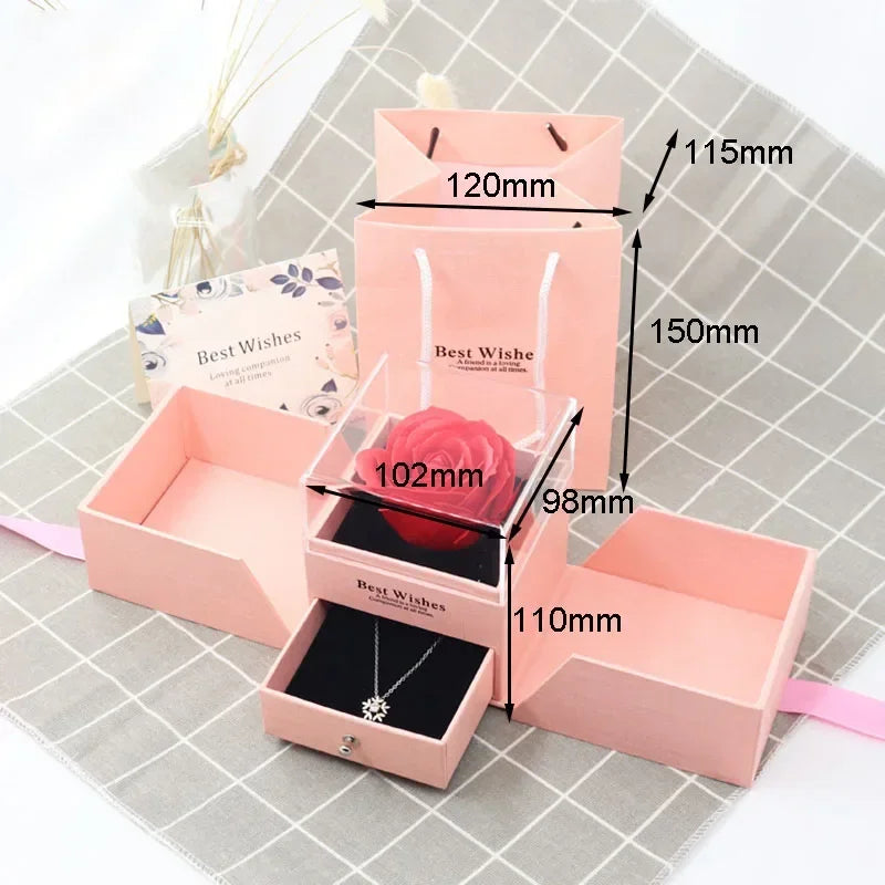 Preserved Eternal Rose Jewelry Box Ring Earrings Necklace Gift Storage Box With Bag Wedding Birthday Gift for Girlfriend Women