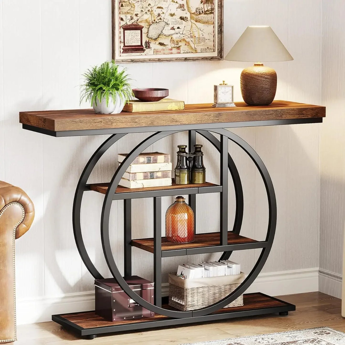th 41.3" Console Table, Industrial 4-Tier Sofa Table Entryway Table with Circle Base, for Living Room, Hallway, Rustic Brown