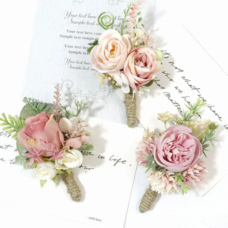 PinK Groom Corsage Wedding Boutonniere Pink Brooch Flowers Bridesmaid Pin for Guests Marriage Accessories Photo Props For Guests