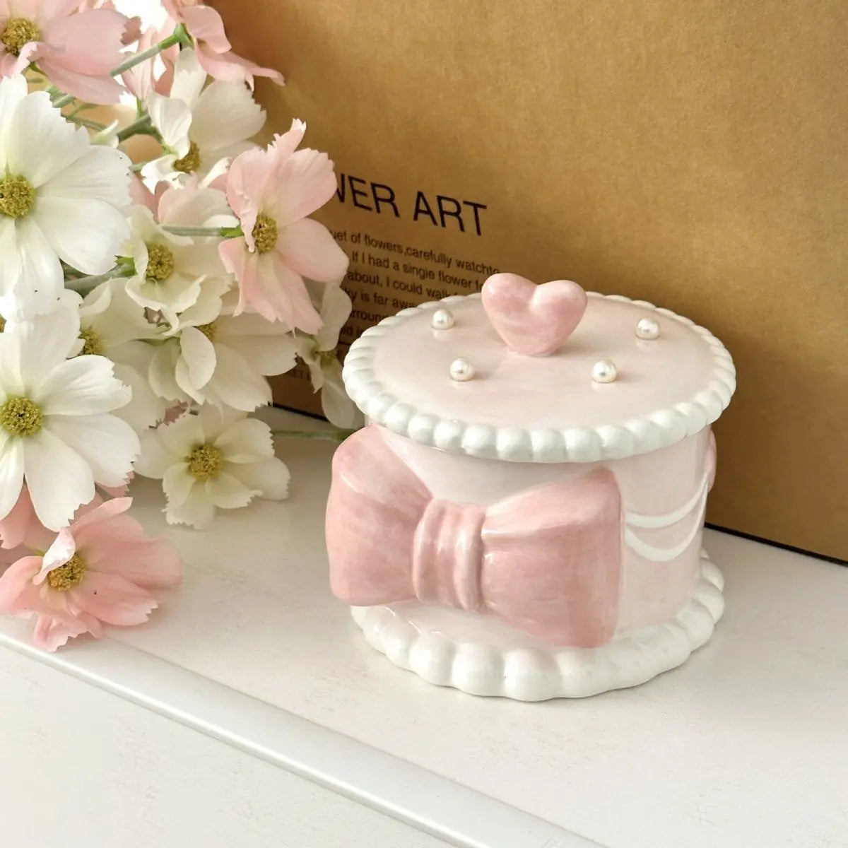Creative Bow Ceramic Pearl Jewelry Box Cute Painted Tabletop Trinket Holiday Gift Girl Cosmetics Storage Jar Home Decoration New