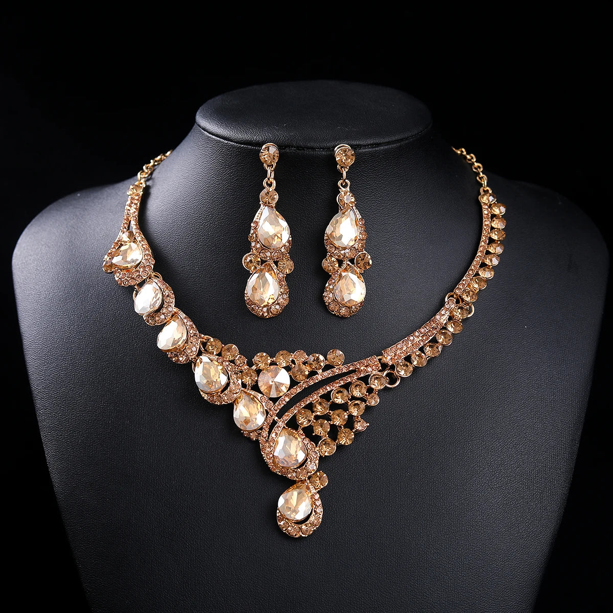 Fashion Champagne Gold Crystal Rhinestone Tiara And Crowns With Necklace Earrings Sets Wedding Hair Accessories For Women Bride
