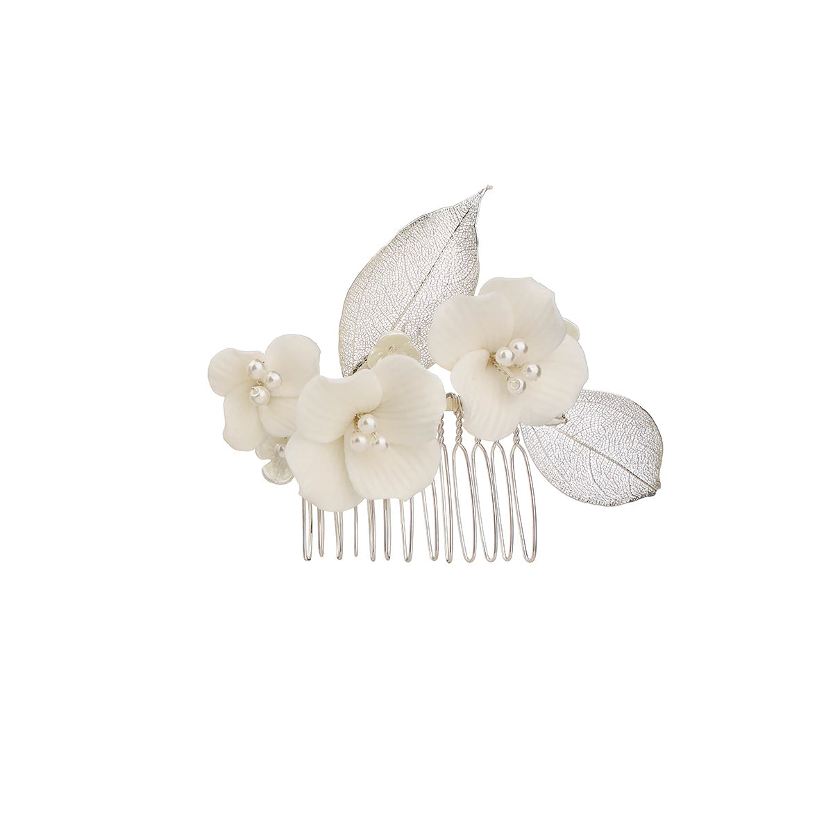 Porcelain flower bridal wedding hair ornament, silver leaf bridal tiara, pearl hair ornament for ladies and girls
