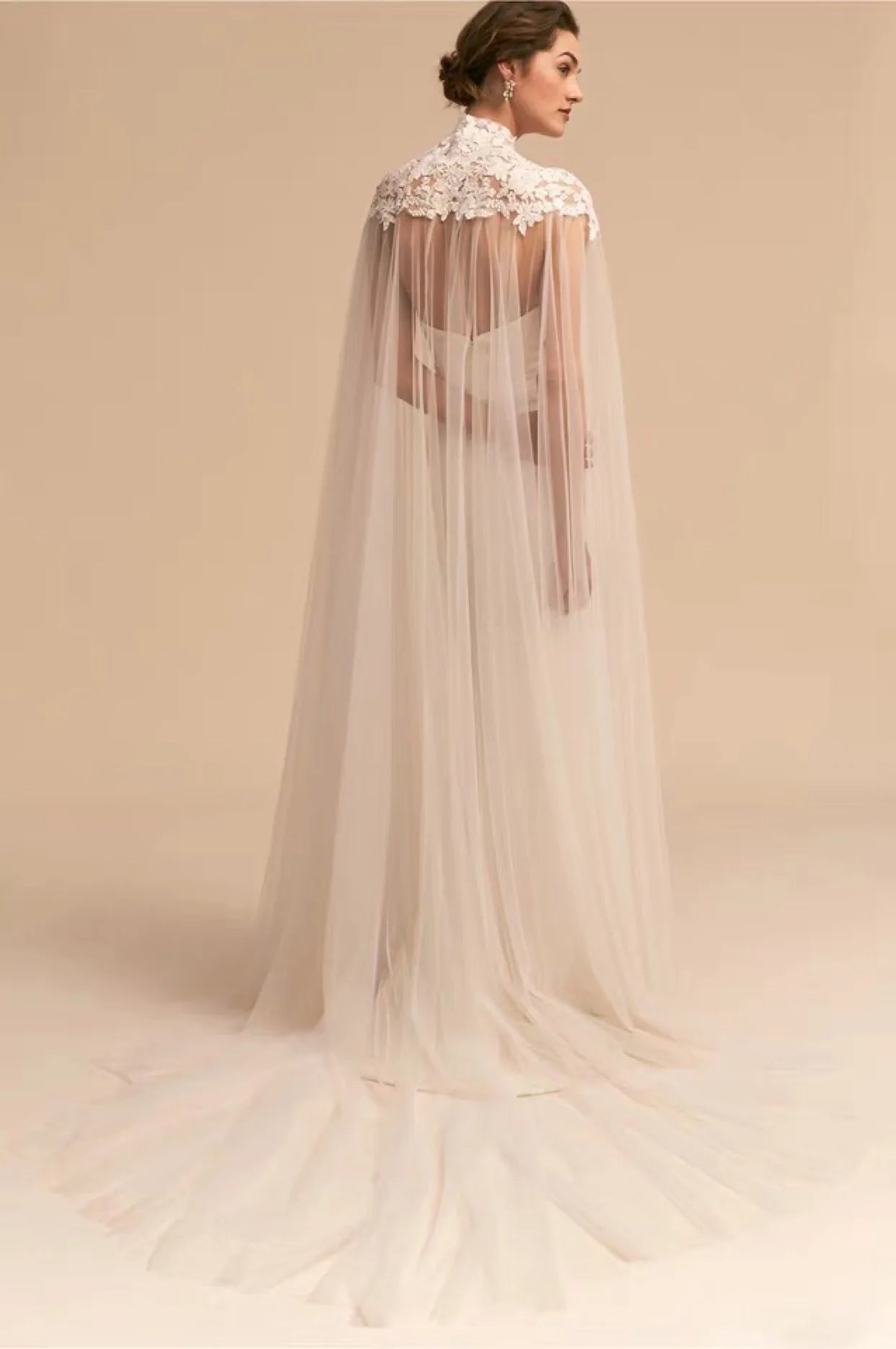 Lace Applique Wrap Shoulder Wedding Headdress Women's Standing Collar Light Luxury Wedding Dress Mesh Shawl Transparent Cape