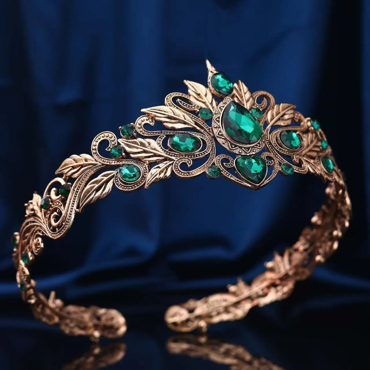 Vintage Baroque Green Crystal Leaves Tiara Crown Princess Queen Diadem Wedding Bridal Hair Accessory for Women Jewelry