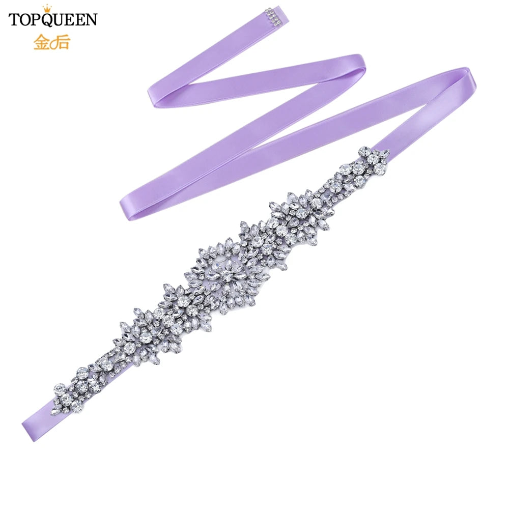 TOPQUEEN S319 Rhinestones Wedding Belt Sparkly Bride Dress Decorative Sash with Stone Jeweled Satin Ribbons Silver Gown Applique
