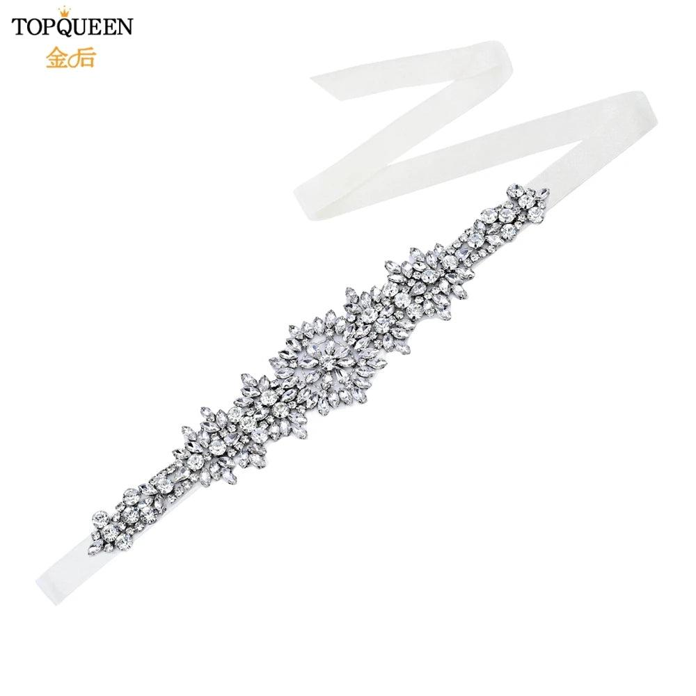 TOPQUEEN S319 Rhinestones Wedding Belt Sparkly Bride Dress Decorative Sash with Stone Jeweled Satin Ribbons Silver Gown Applique