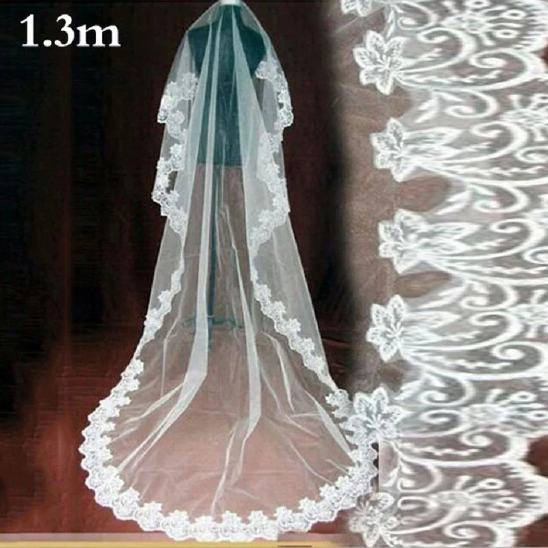 1.3/2.6m Wedding Bride Long Veil White Ivory One Layer Face Veil Gauze With Lace Edge Wedding Marriage Bride Hair Accessories