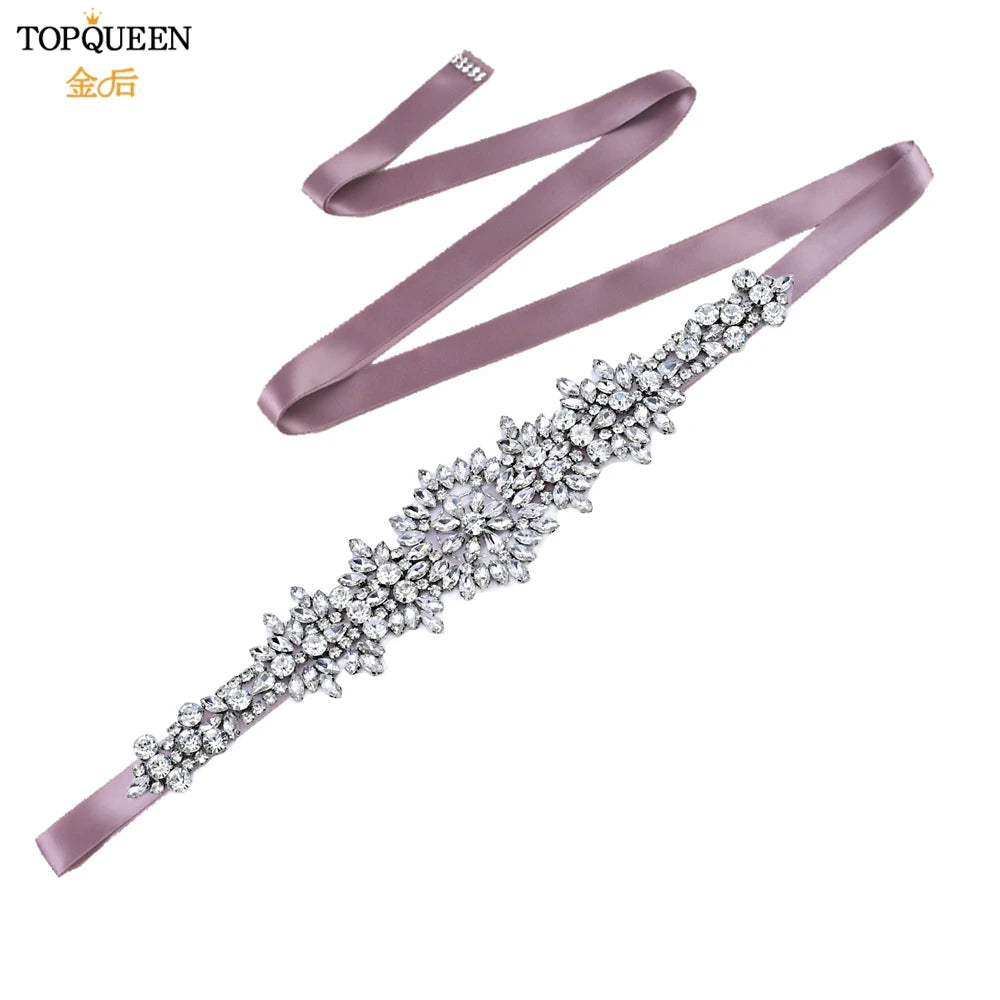 TOPQUEEN S319 Rhinestones Wedding Belt Sparkly Bride Dress Decorative Sash with Stone Jeweled Satin Ribbons Silver Gown Applique