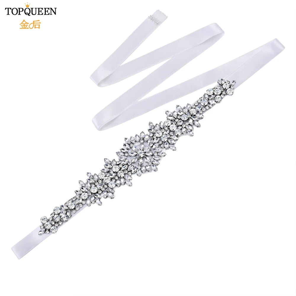 TOPQUEEN S319 Rhinestones Wedding Belt Sparkly Bride Dress Decorative Sash with Stone Jeweled Satin Ribbons Silver Gown Applique