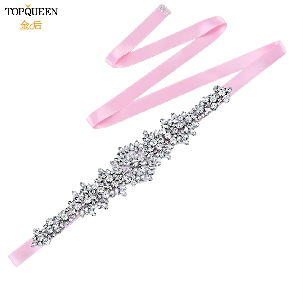 TOPQUEEN S319 Rhinestones Wedding Belt Sparkly Bride Dress Decorative Sash with Stone Jeweled Satin Ribbons Silver Gown Applique