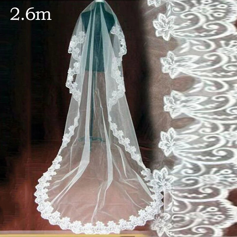 1.3/2.6m Wedding Bride Long Veil White Ivory One Layer Face Veil Gauze With Lace Edge Wedding Marriage Bride Hair Accessories