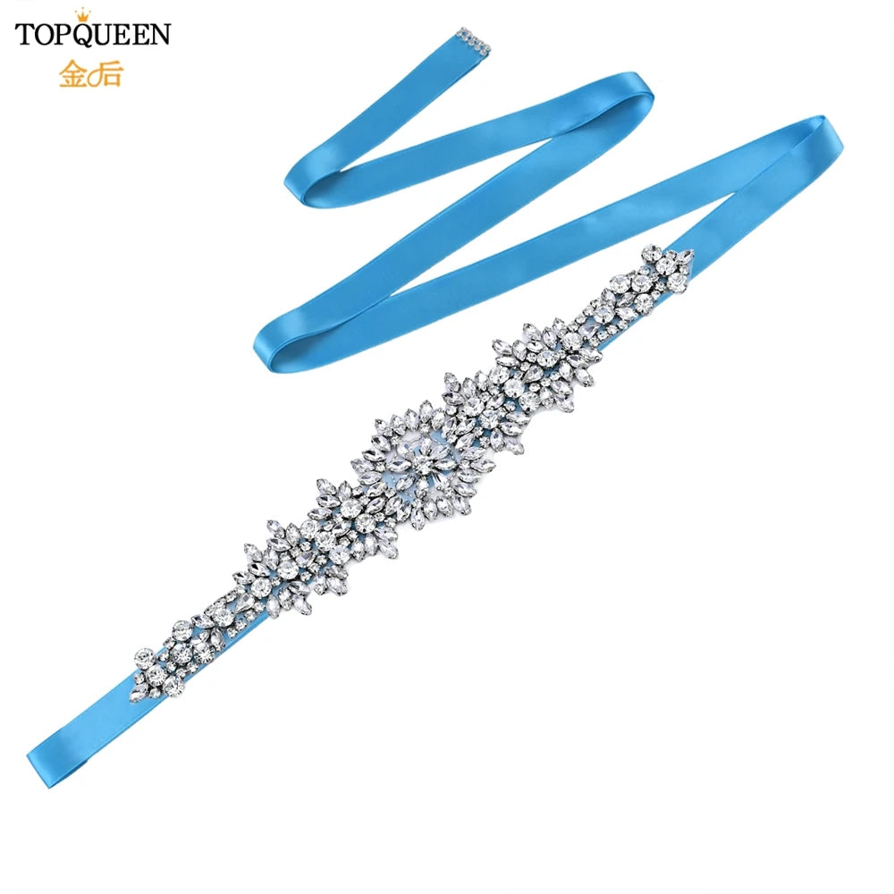 TOPQUEEN S319 Rhinestones Wedding Belt Sparkly Bride Dress Decorative Sash with Stone Jeweled Satin Ribbons Silver Gown Applique