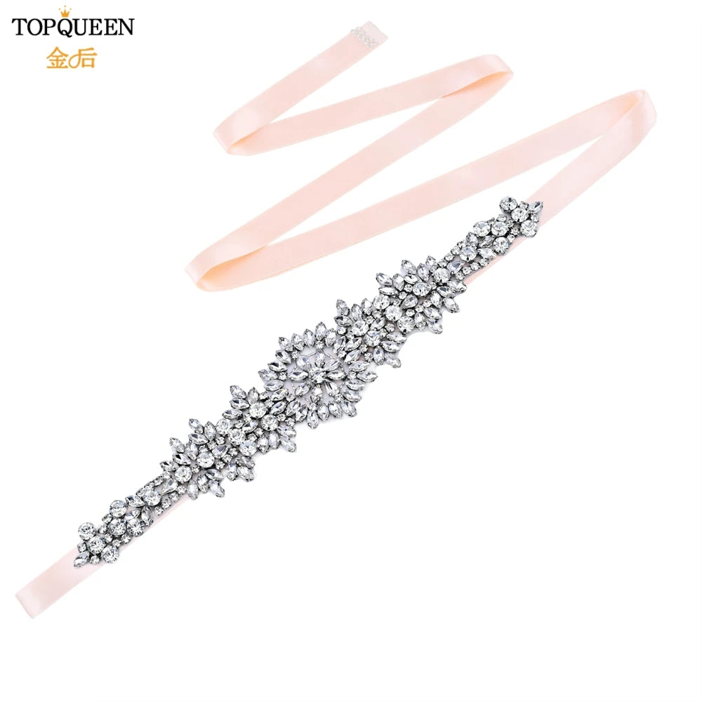 TOPQUEEN S319 Rhinestones Wedding Belt Sparkly Bride Dress Decorative Sash with Stone Jeweled Satin Ribbons Silver Gown Applique