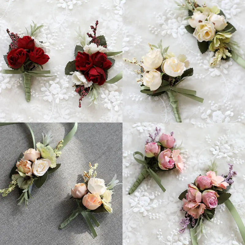 Artificial Silk Plastic Rose Flowers Groom Boutonniere Man Pin Suit Corsage Bridal Wedding Wrist Flower Party Decorations