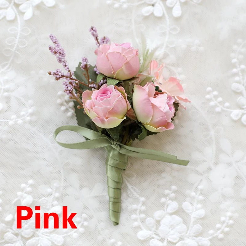 Artificial Silk Plastic Rose Flowers Groom Boutonniere Man Pin Suit Corsage Bridal Wedding Wrist Flower Party Decorations